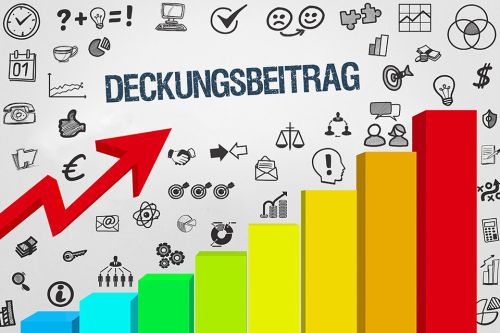 Aussteigendes Balkendiagramm mit Schriftzug Deckungsbeitrag